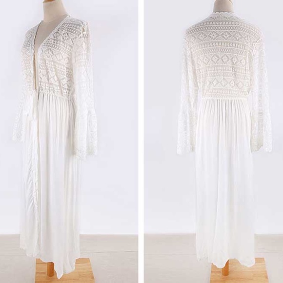 Boho white lace maxi dress cover up waist Kimono - Picture 8 of 9